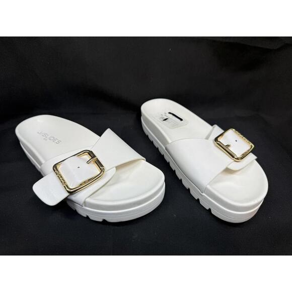JSlides Shoes Womens Size 6 Platform Slide Sandals Gold Buckle Slip On Summer - Picture 1 of 7